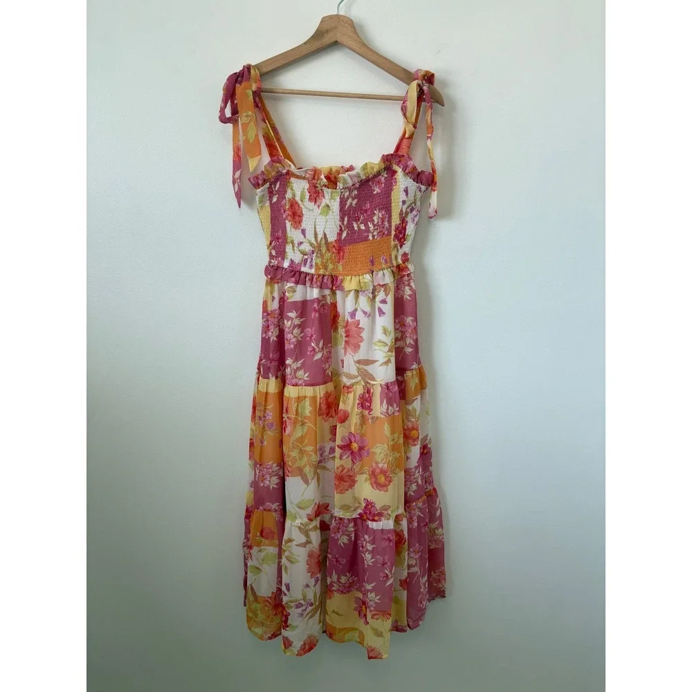 NWOT women's July & June Smocked Floral Dress – Peach Poppy – Size Small - Picture 2 of 6